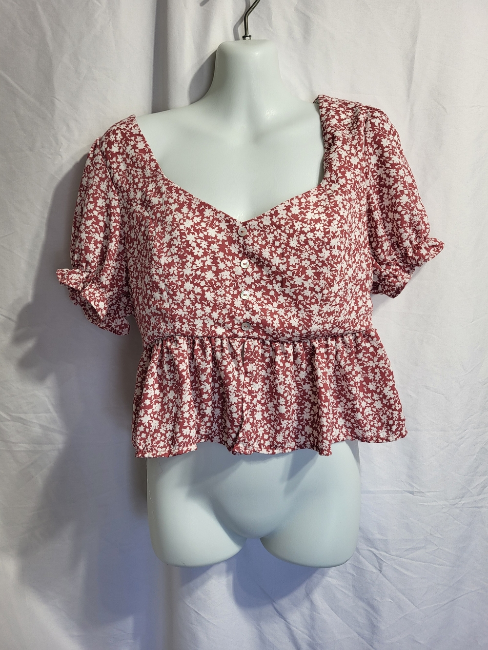 Love Tree Rust Floral Button-Front Peplum Blouse, Size Large